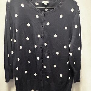 Talbots 100% Cotton Navy & White Polka Dot Cardigan Sz large (measures more Med)